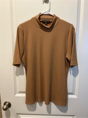 INC International Concepts Tan Ribbed Short-Sleeve Mock Neck Top
